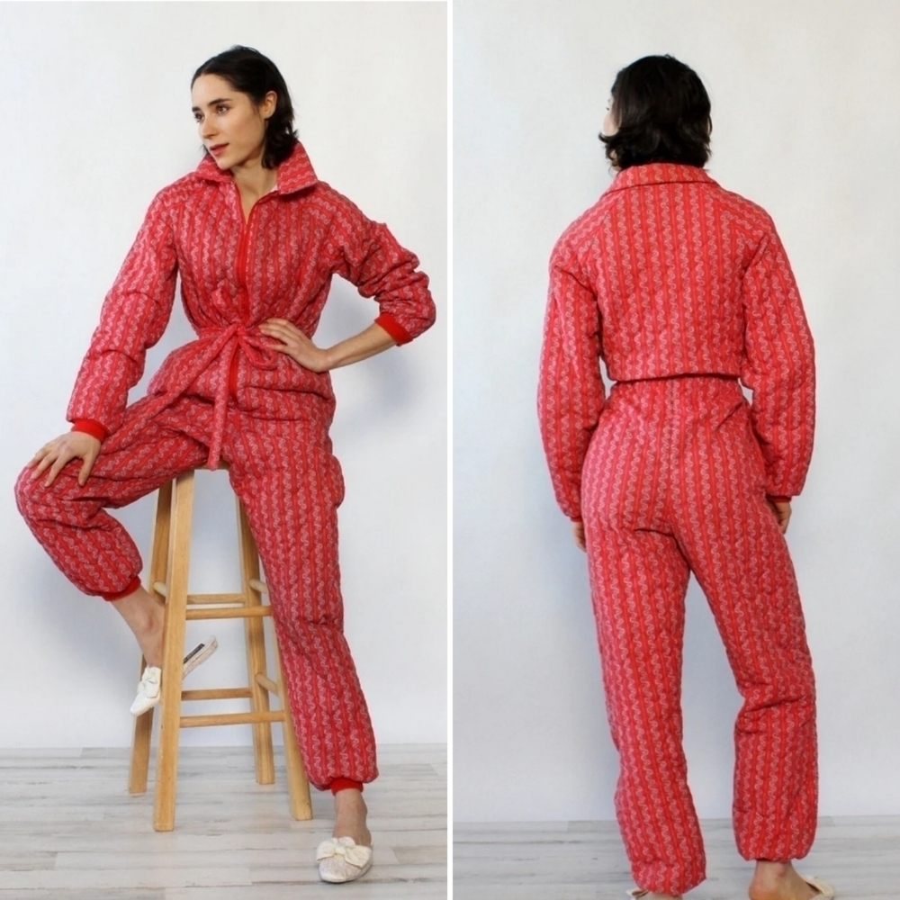 Vintage Quilted Insulated Red Floral Jumpsuit Wiman Woman's Large